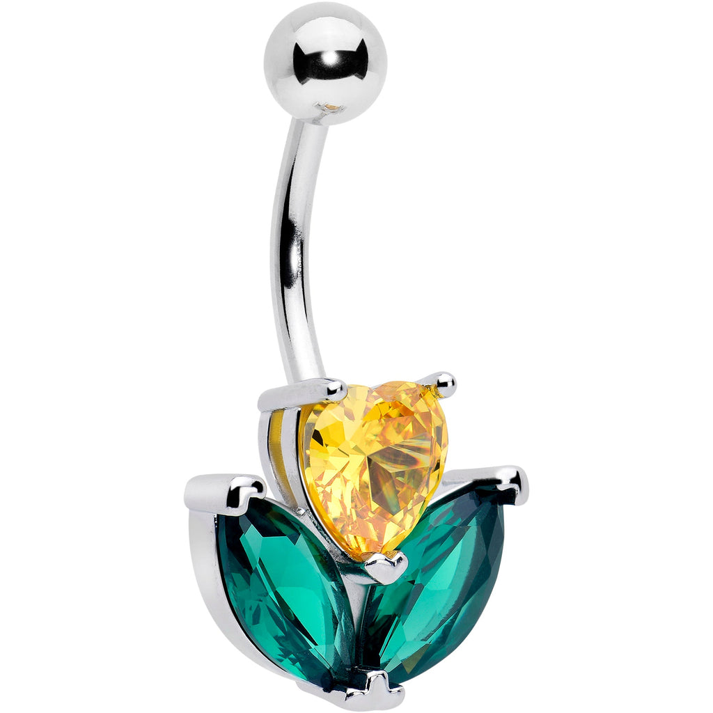 Green Yellow CZ Gem Love Flower Belly Ring