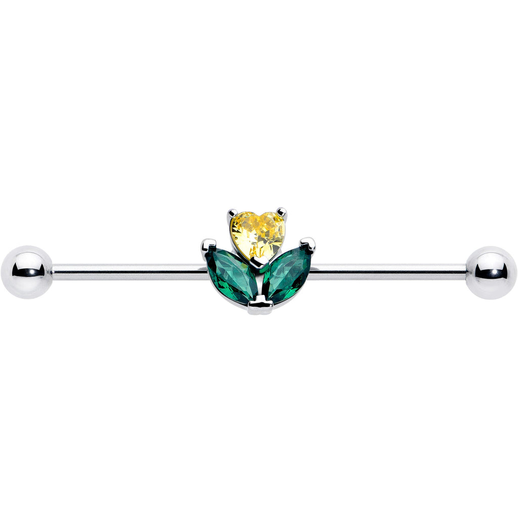 14G Yellow Green CZ Gem Love Flower Industrial Barbell 38mm