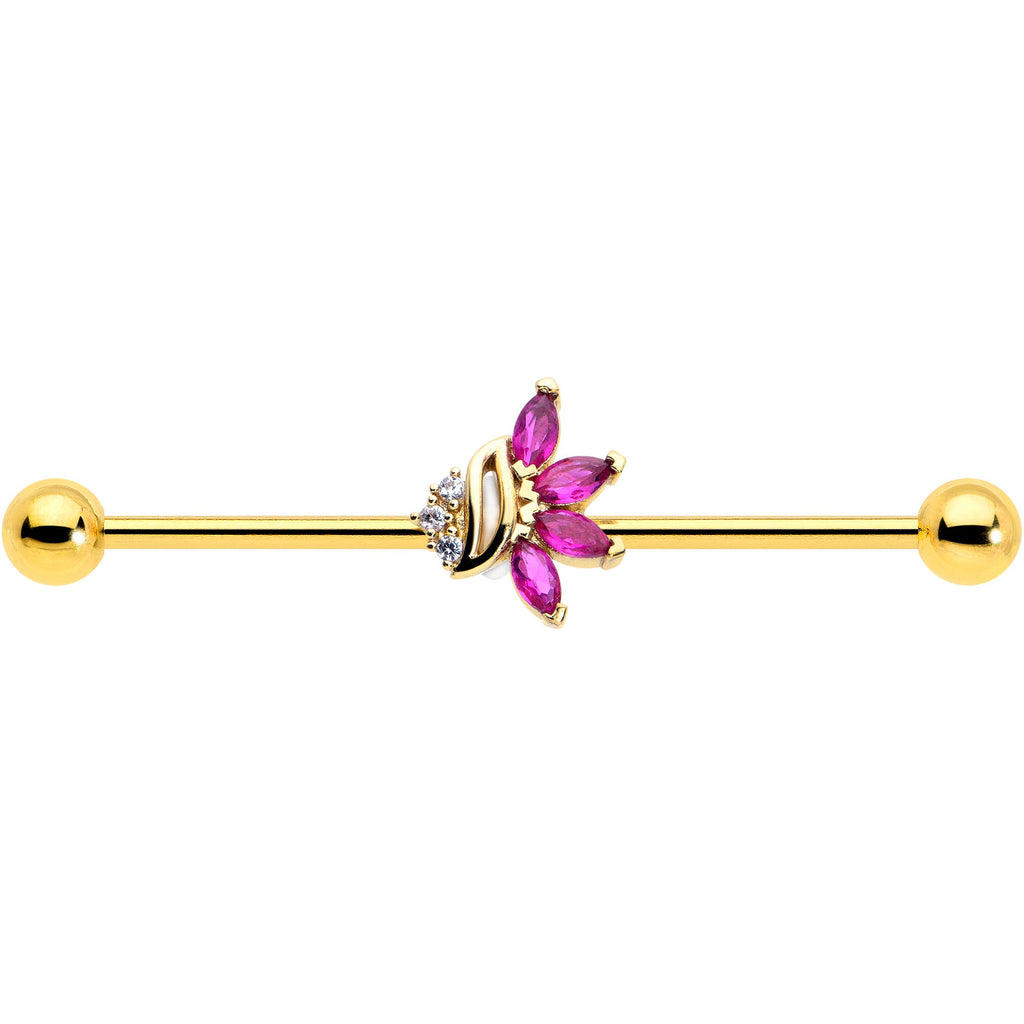 14G Red CZ Gem Gold Tone Swirl Fan Industrial Barbell 38mm