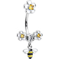 Yellow Clear CZ Gem Flower Bee Dangle Double Mount Belly Ring