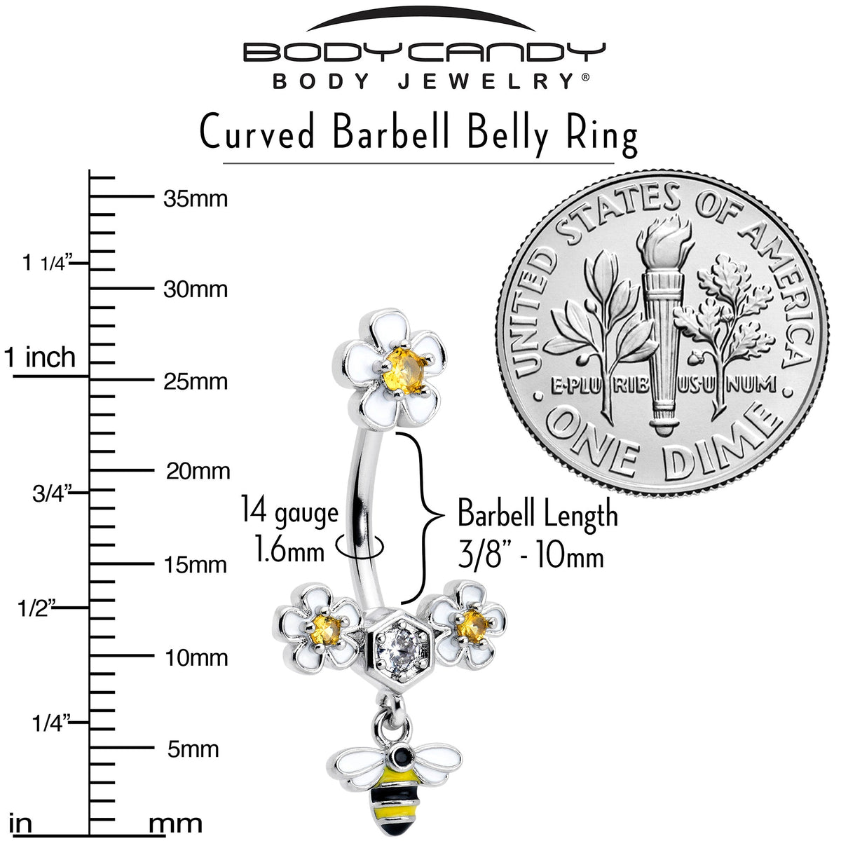Yellow Clear CZ Gem Flower Bee Dangle Double Mount Belly Ring