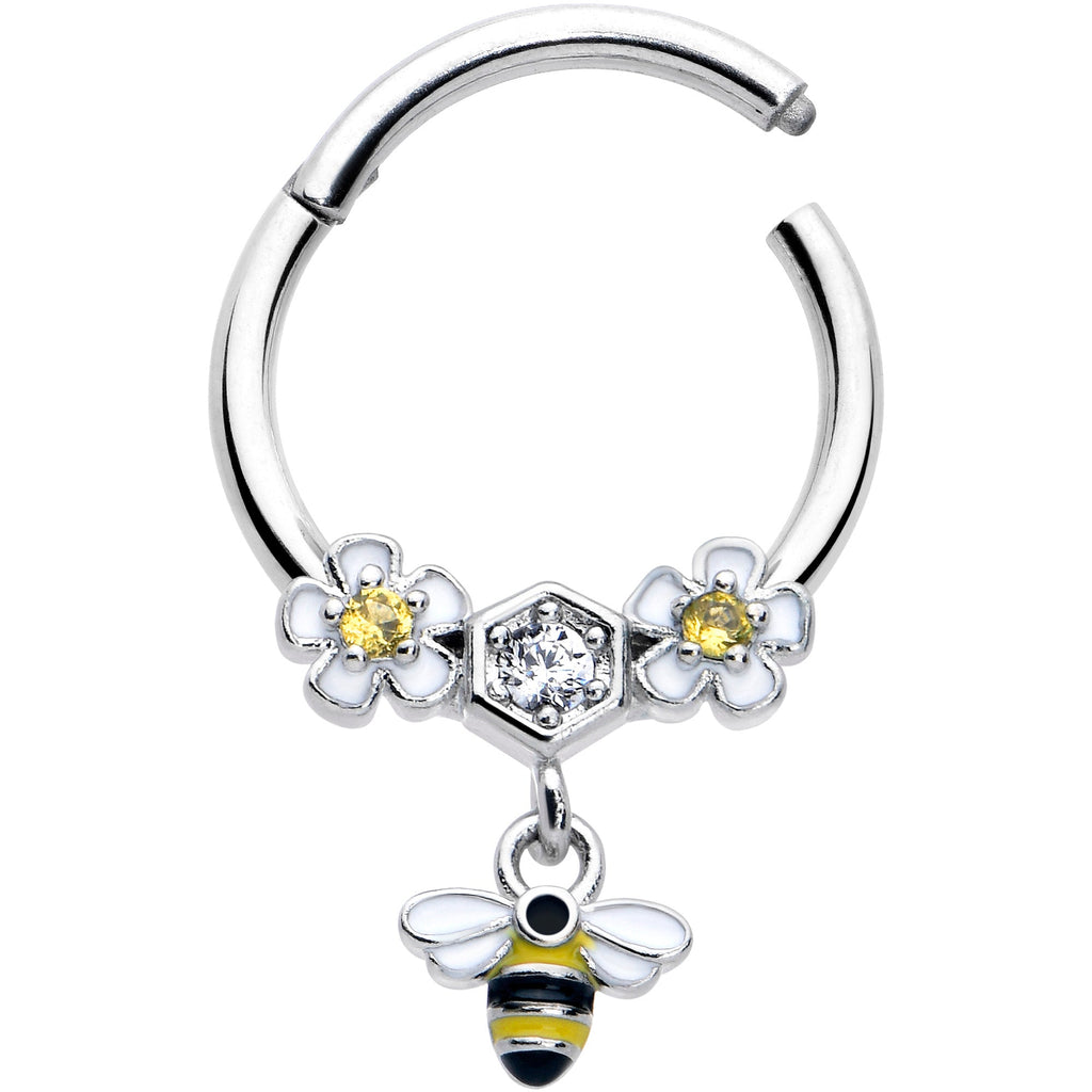 16G 3/8 Yellow CZ Gem Flower Bee Dangle Hinged Segment Ring