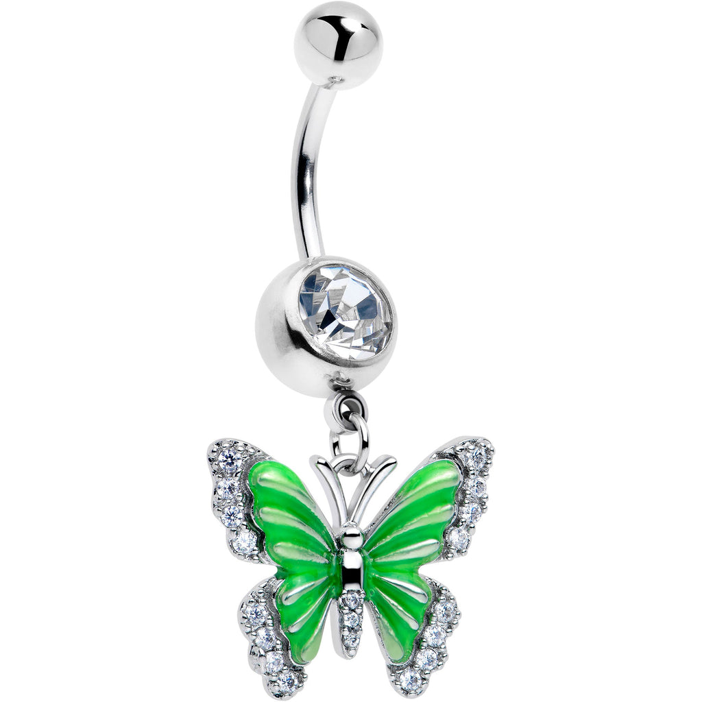 Clear CZ Gem Butterfly Green Dangle Belly Ring