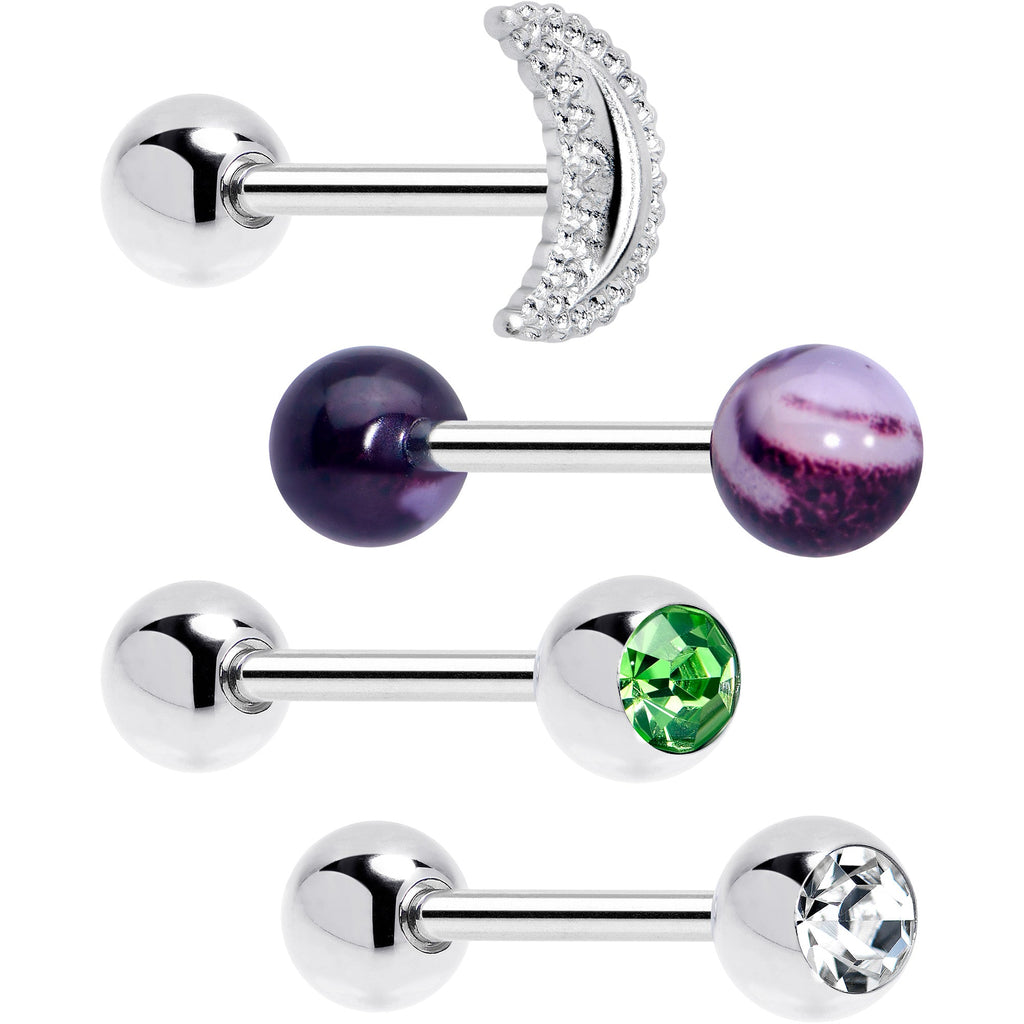 Green CZ Gem Crescent Moon Marbleized Barbell Tongue Ring Set of 4