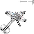 Surgical Steel Flat Back Earring - 16G With Cubic Zirconia Dragonfly