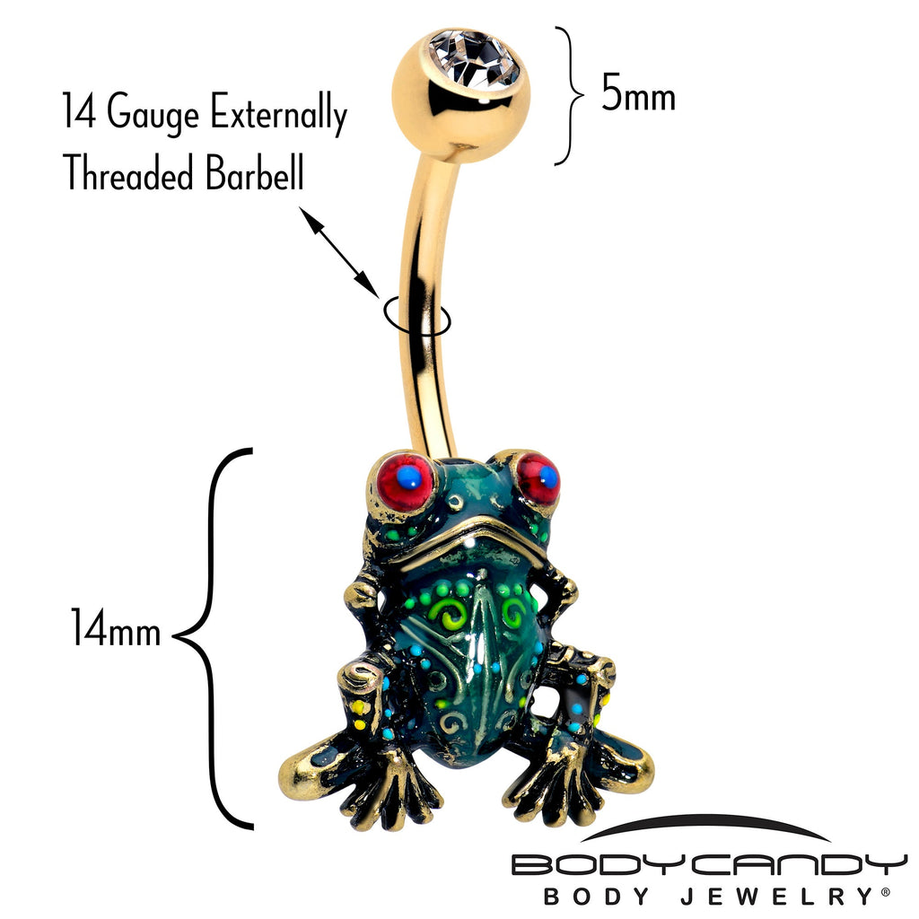 Clear CZ Gem Gold Tone Anodized Colorful Tree Frog Belly Ring
