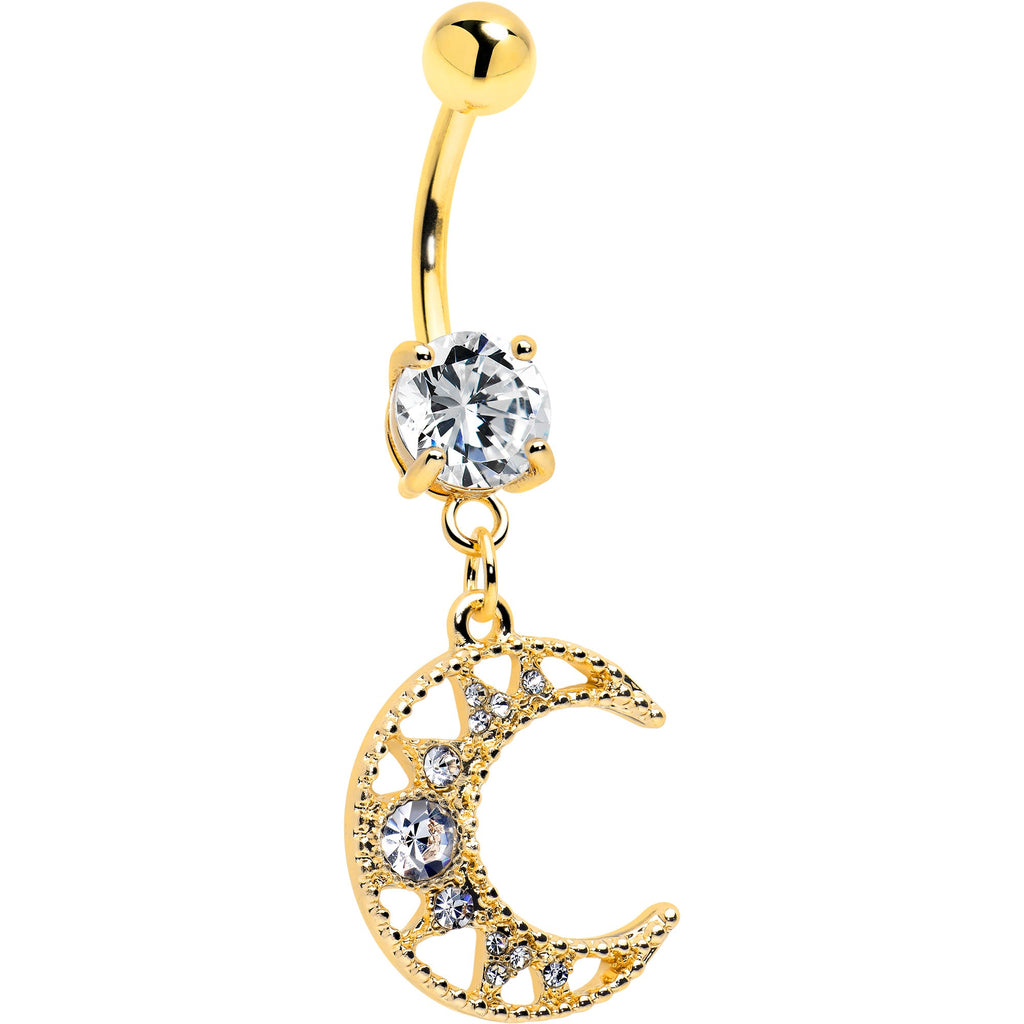 Clear CZ Gem Gold Tone Anodized Crescent Moon Glam Dangle Belly Ring