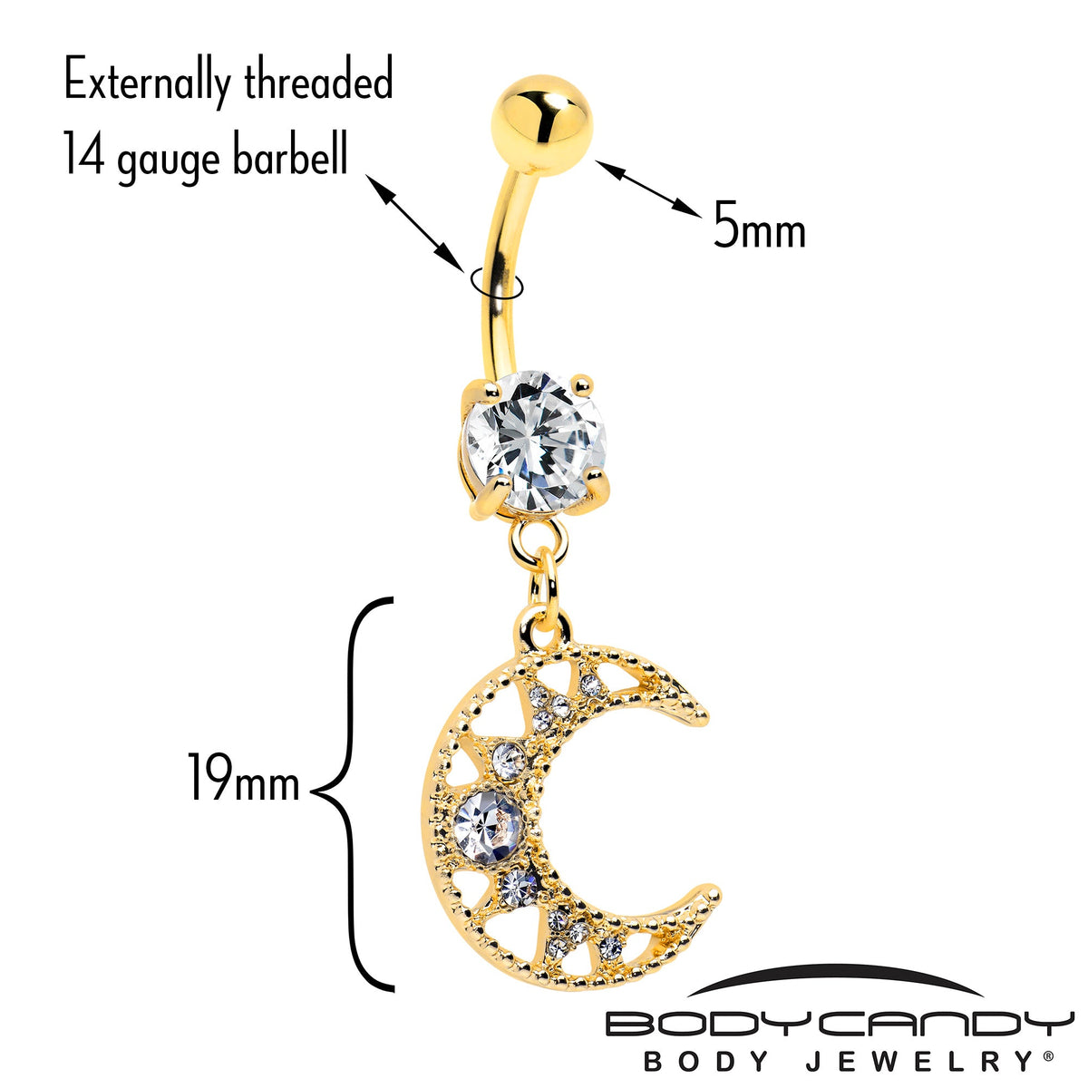 Clear CZ Gem Gold Tone Anodized Crescent Moon Glam Dangle Belly Ring