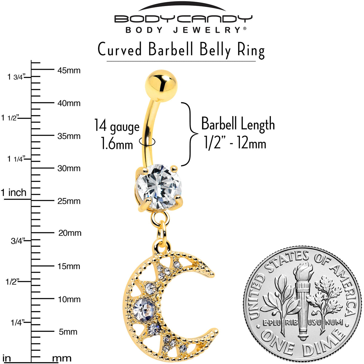 Clear CZ Gem Gold Tone Anodized Crescent Moon Glam Dangle Belly Ring