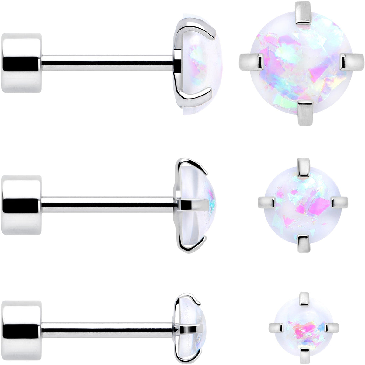 White Synthetic Opal Flat Back Stud Earrings - 3 Pairs
