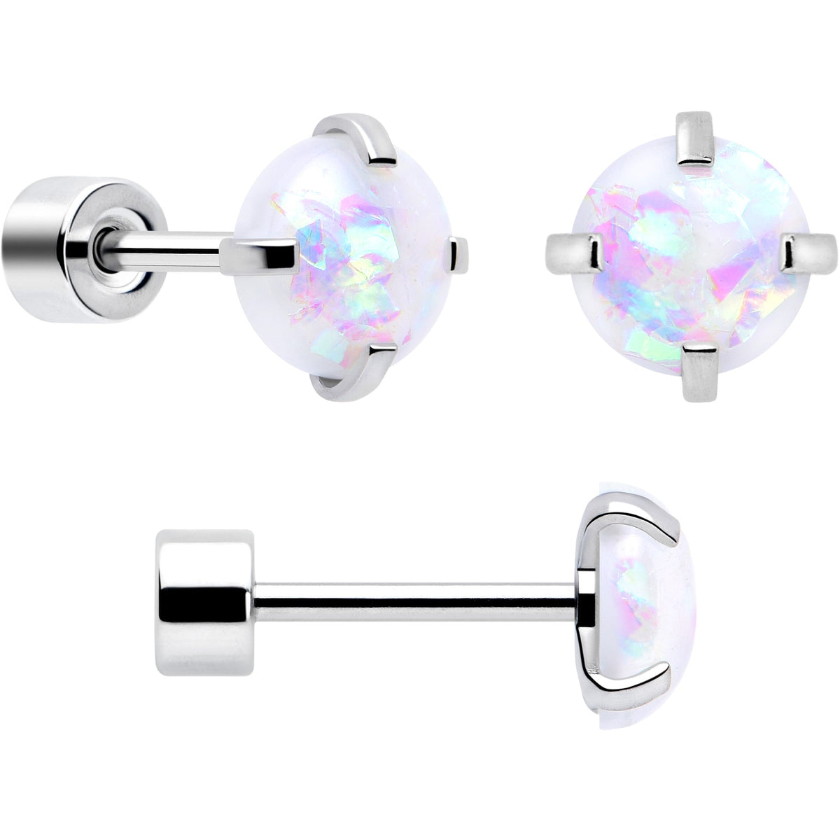 White Synthetic Opal Flat Back Stud Earrings - 3 Pairs