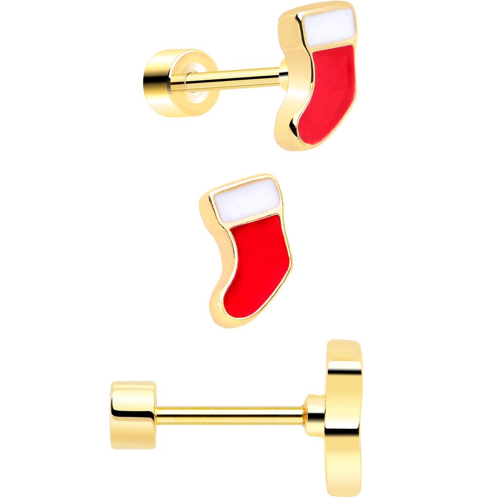 Clear Gem Gold Tone Stocking Christmas Gift Flat Back Earring Set of 6