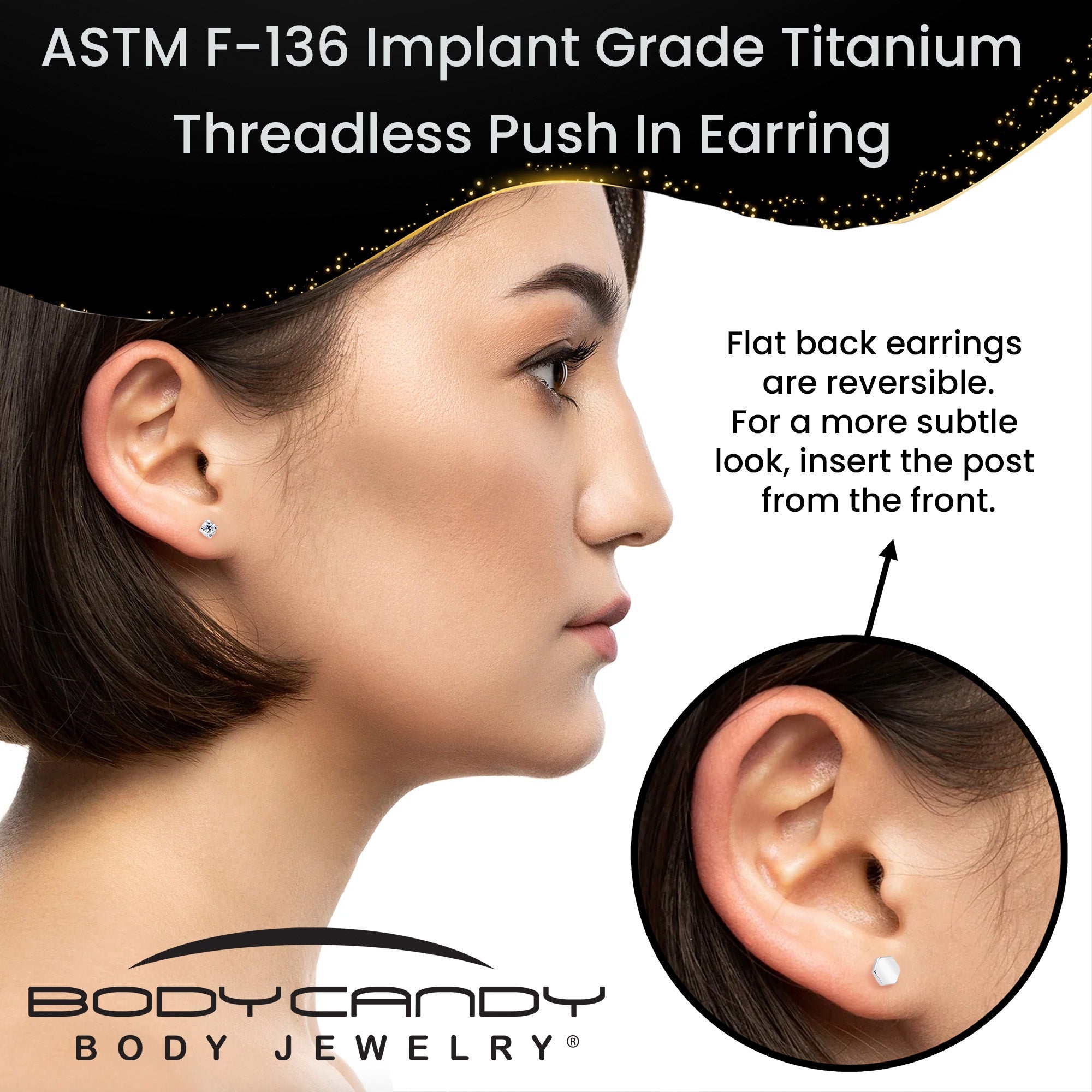 16G 5/16 Clear Gem Implant Grade Titanium Threadless Reversible Hex Flatback Stud