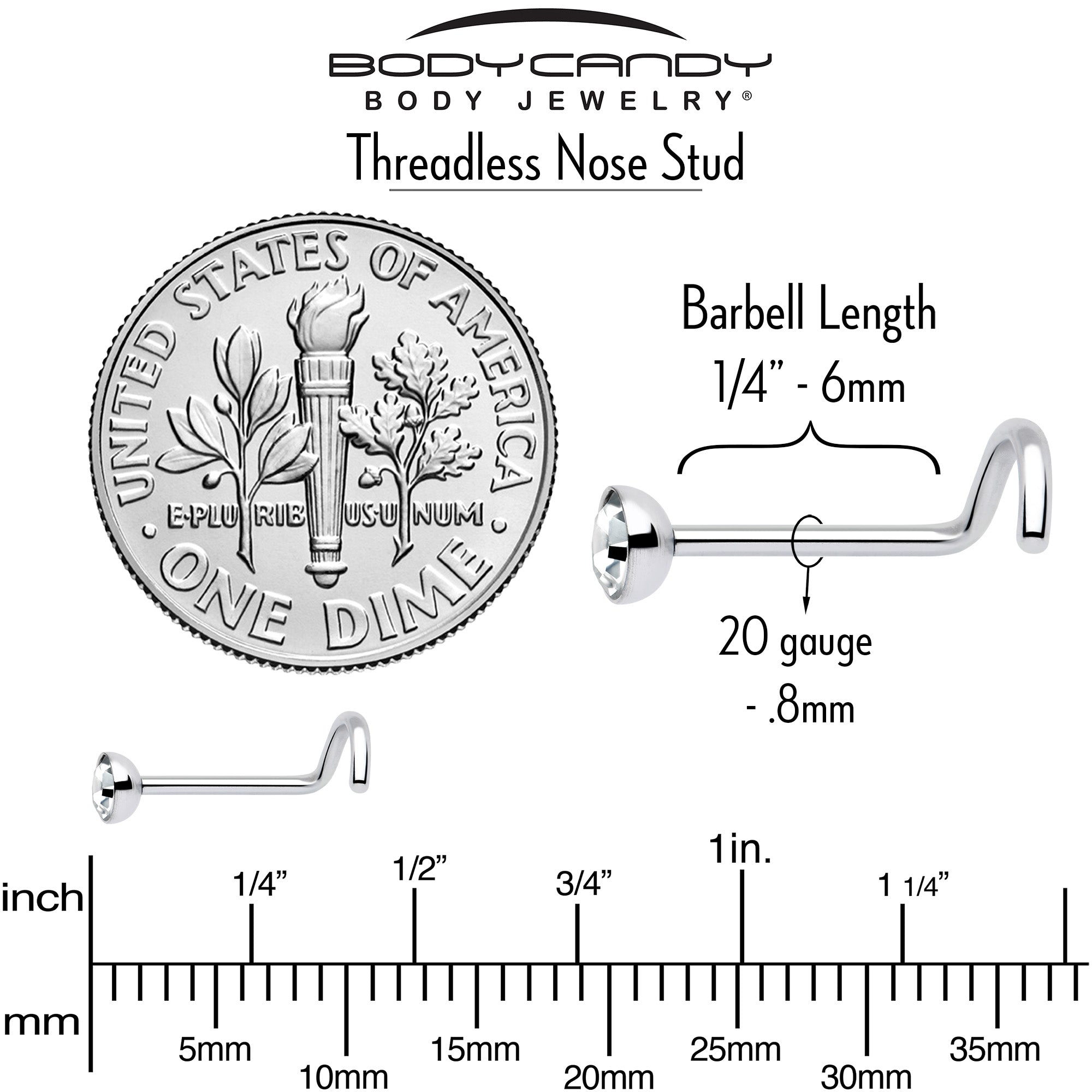 20G 3mm CZ Bezel Set Push-In Threadless Nose Screw Nose Ring