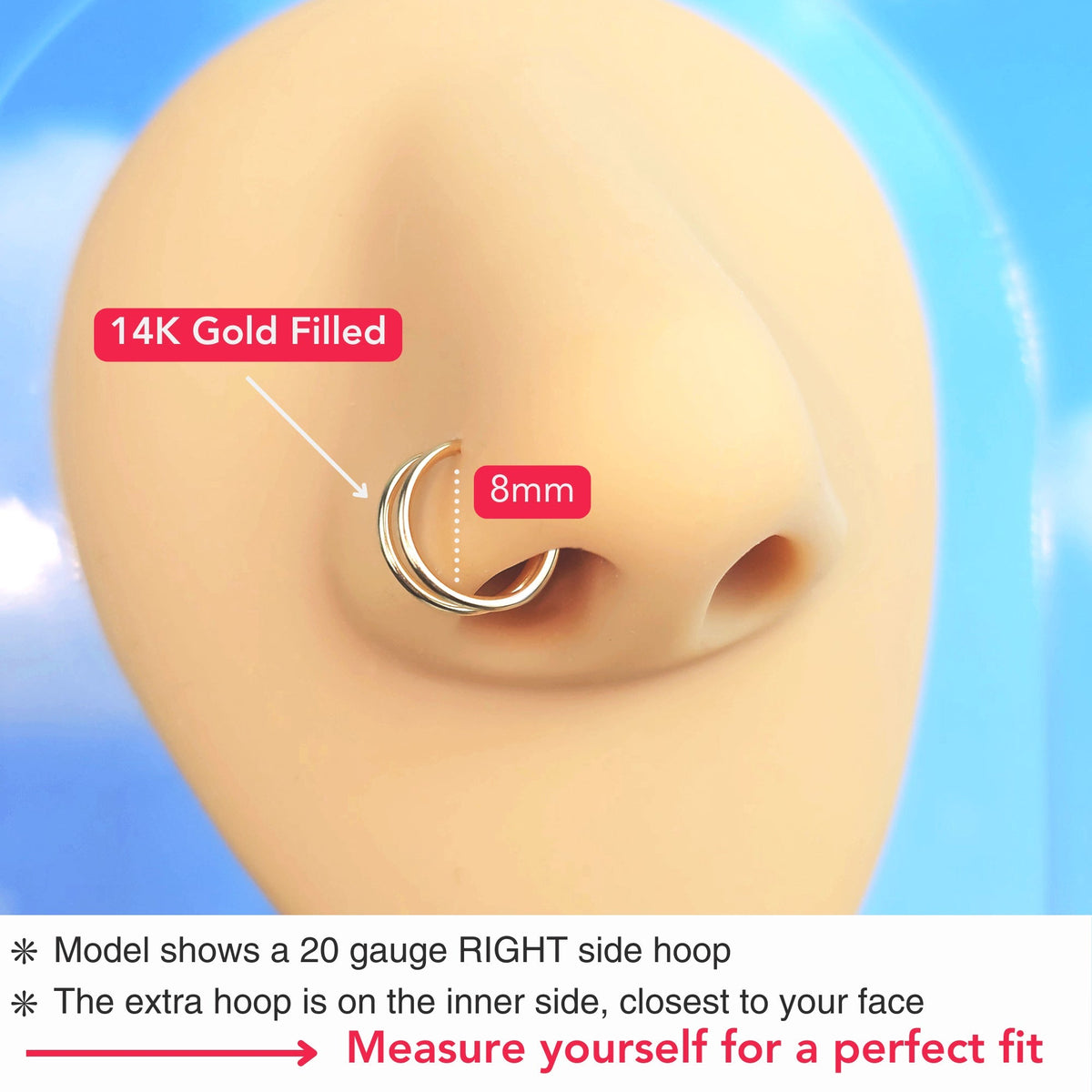 Double Hoop Nose 14k Yellow Gold Filled Spiral Nose Ring 20G 8mm Right