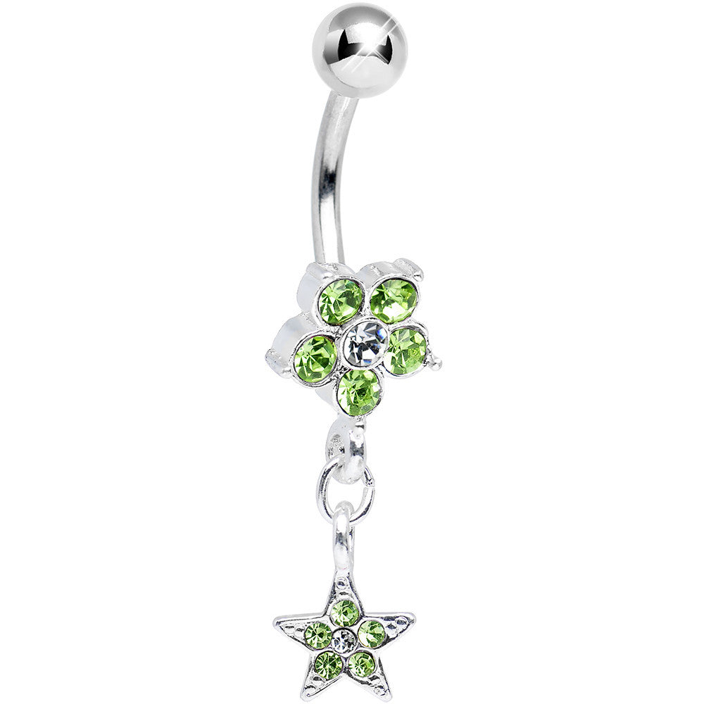 Light Green Gem Fancy Flower and Falling Star Dangle Belly Ring