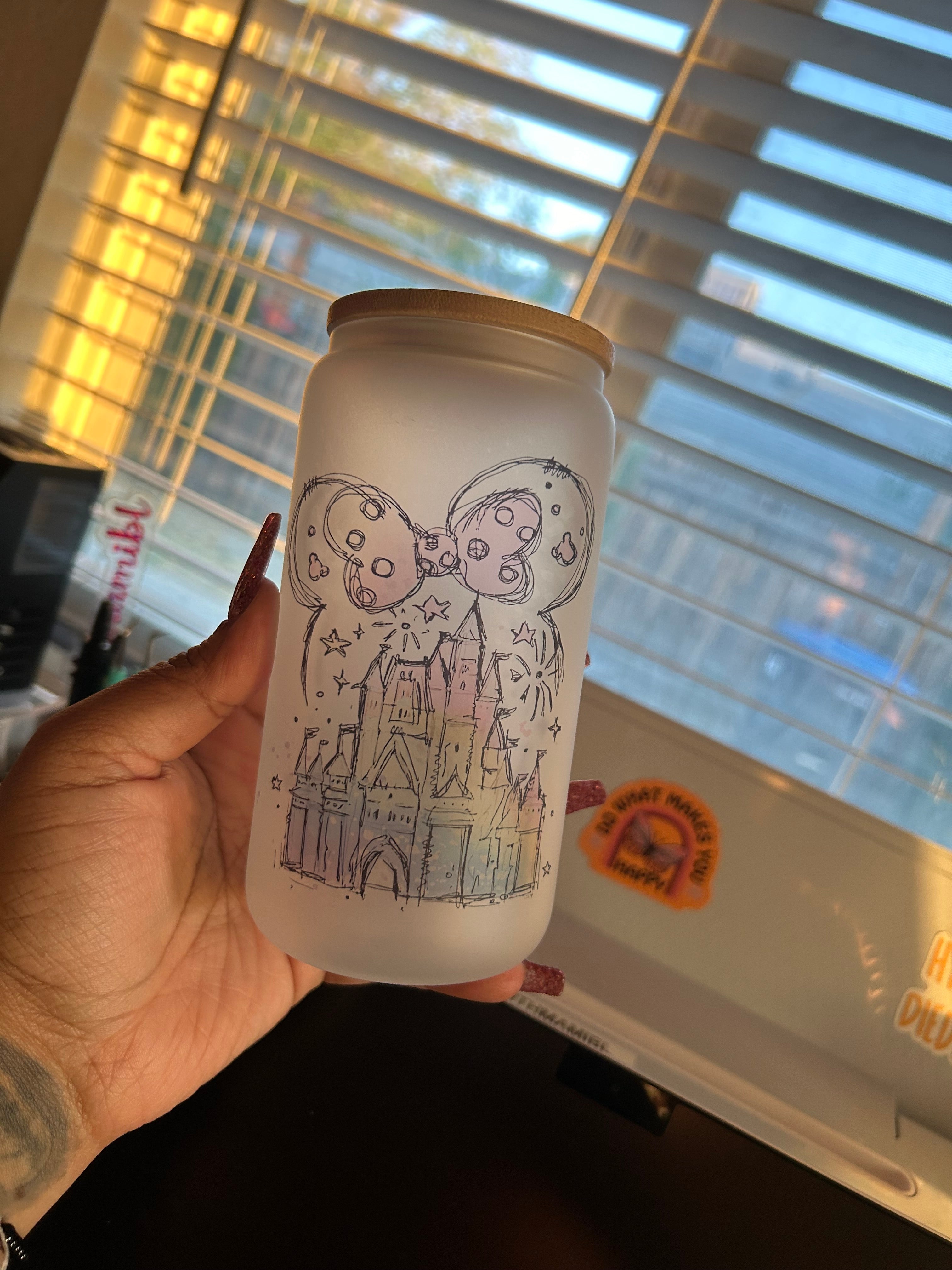 Rainbow Castle with Ears 16oz Frosted Glass