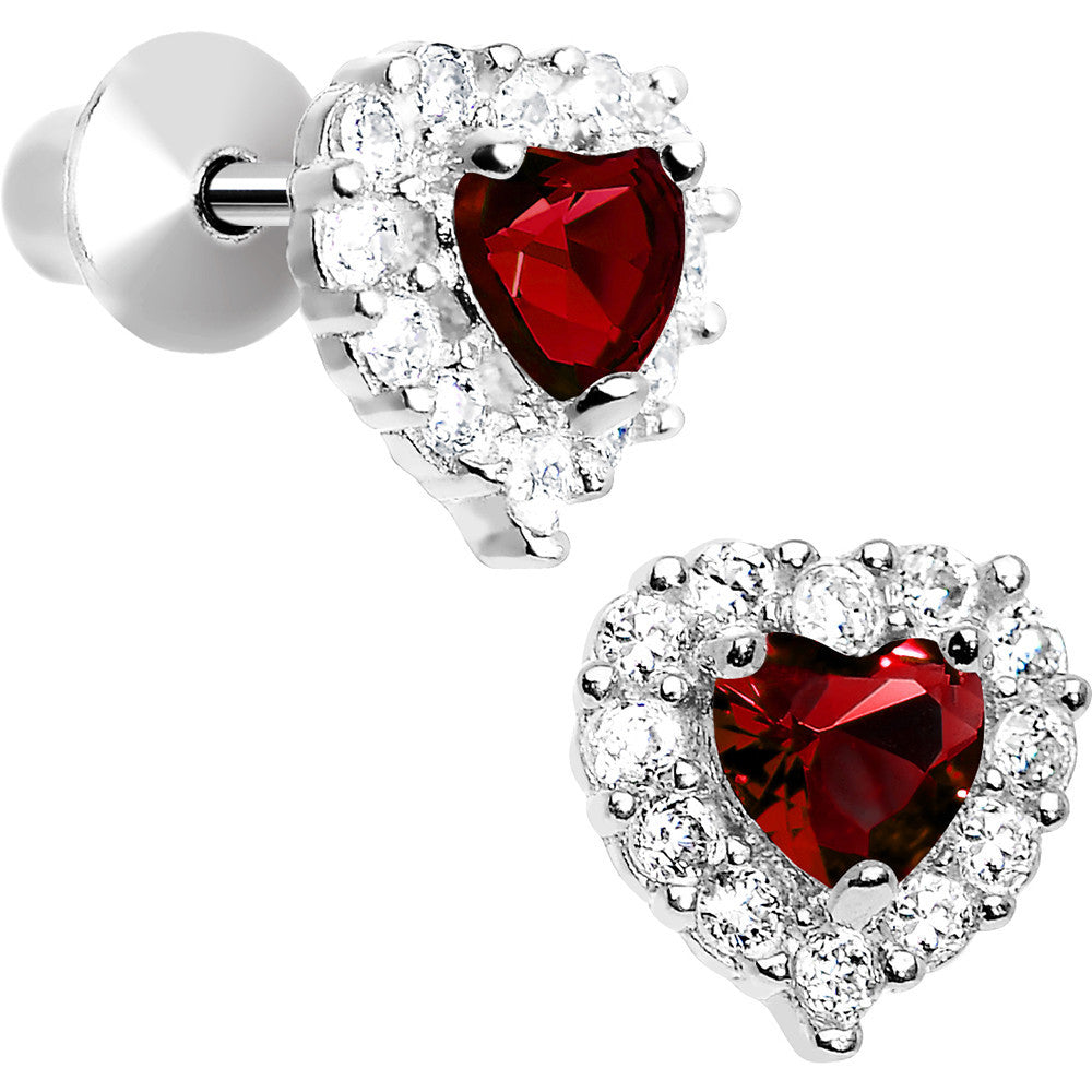 Sterling Silver Heart CZ January Birthstone Youth Screwback Earrings