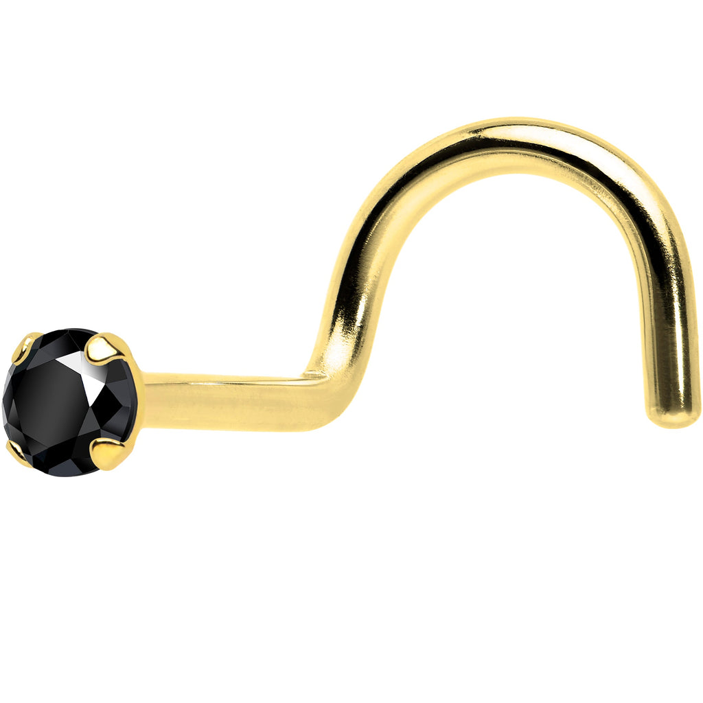 Solid 14K Yellow Gold 2mm Black Cubic Zirconia Nose Screw Ring