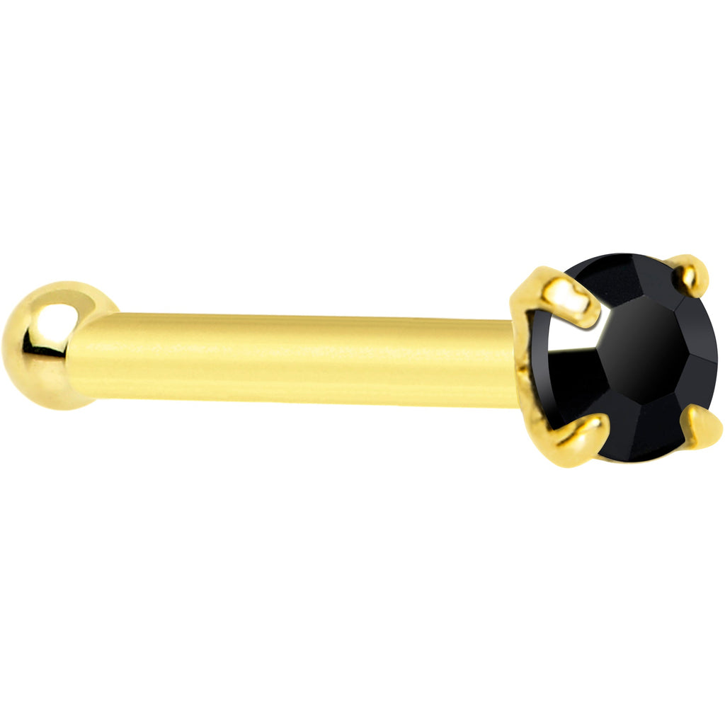 Solid 14K Yellow Gold 2mm Black Cubic Zirconia Nose Bone