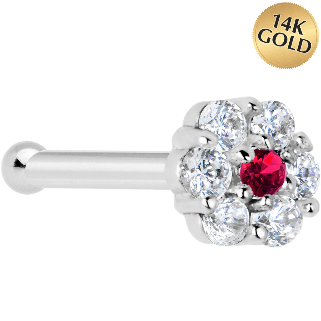 Solid 14K White Gold Red Clear CZ Flower Nose Bone