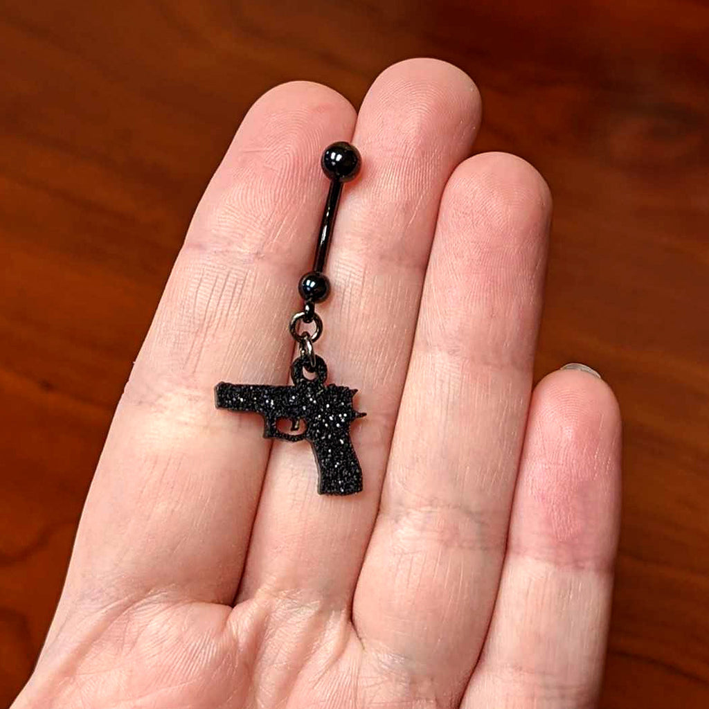 Jet Black Glitter Gun Dangle Belly Ring