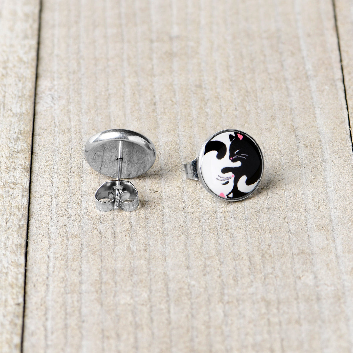 Cute Kitty Cat Yin Yang Stud Earrings by Onyx O