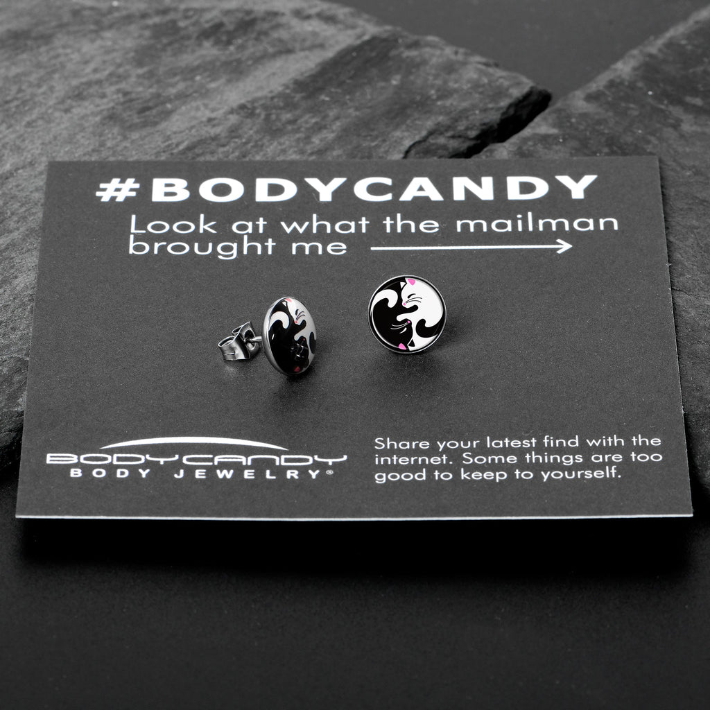 Cute Kitty Cat Yin Yang Stud Earrings by Onyx O