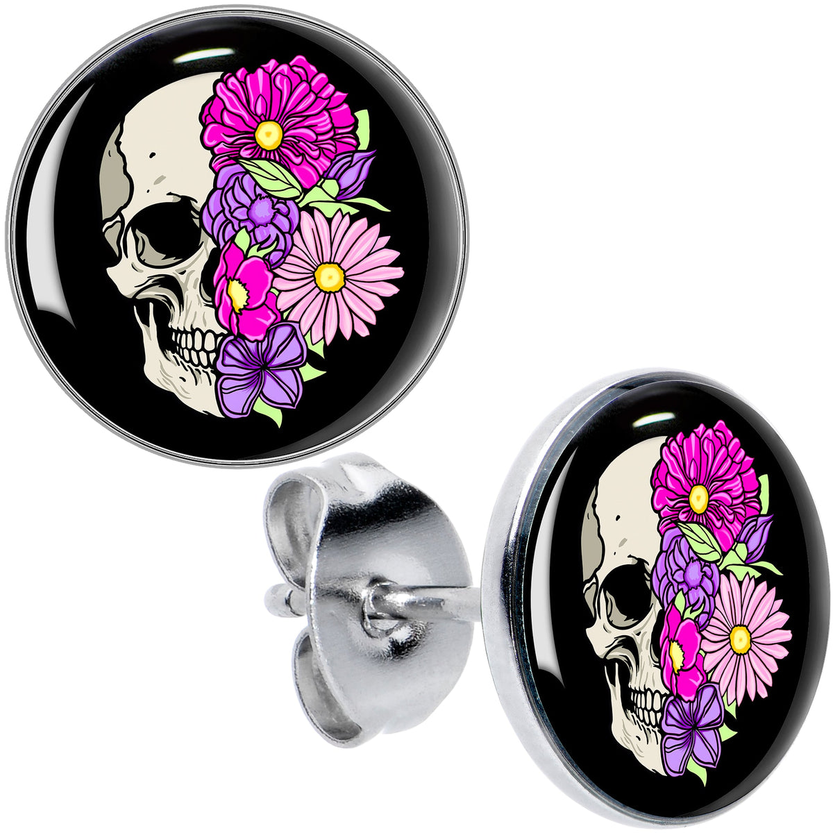 Floral Flowers Skull Stud Earrings by Onyx O