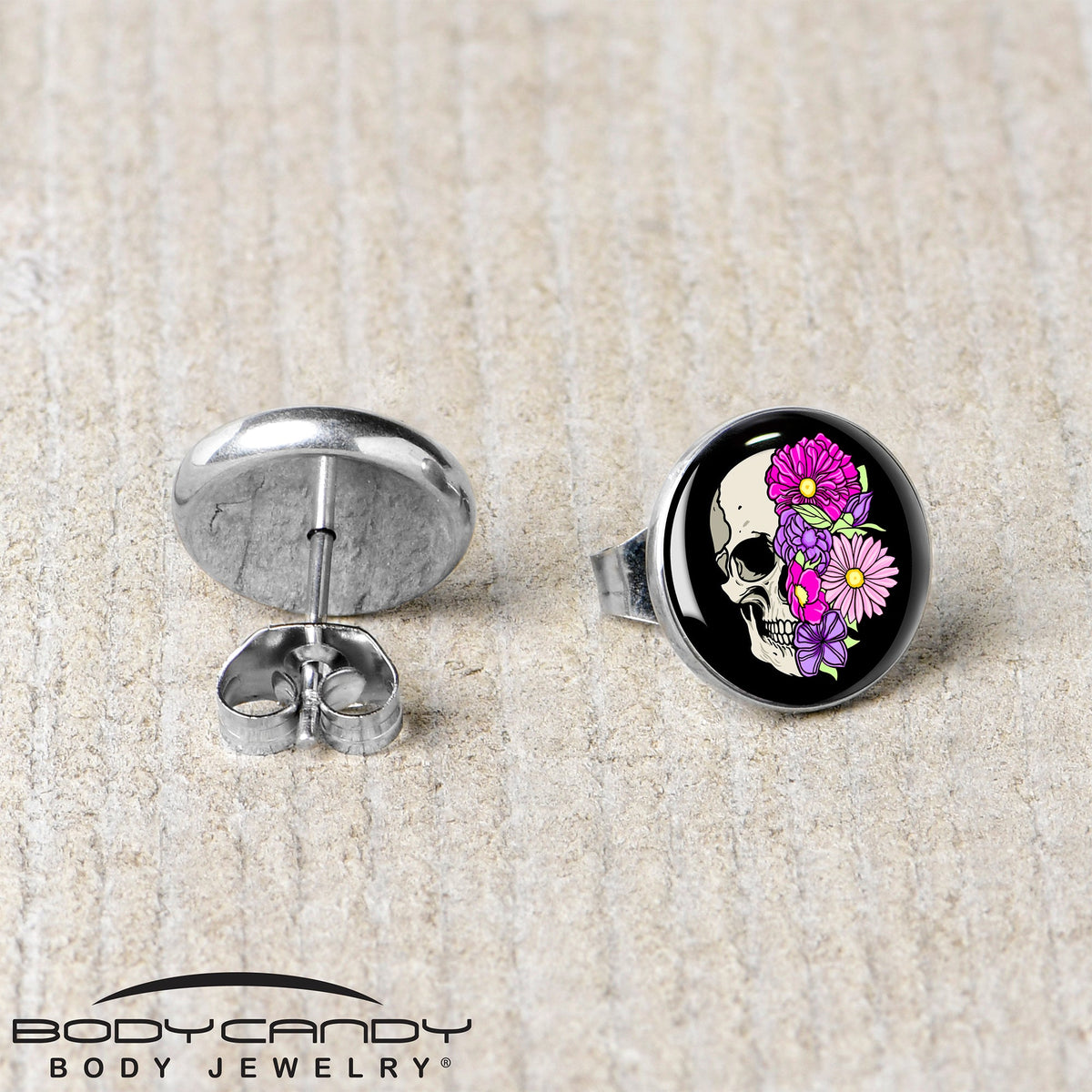 Floral Flowers Skull Stud Earrings by Onyx O