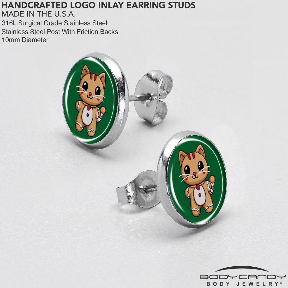 Christmas Holiday Gingerbrread Kitty Cat Stud Earrings by Onyx O