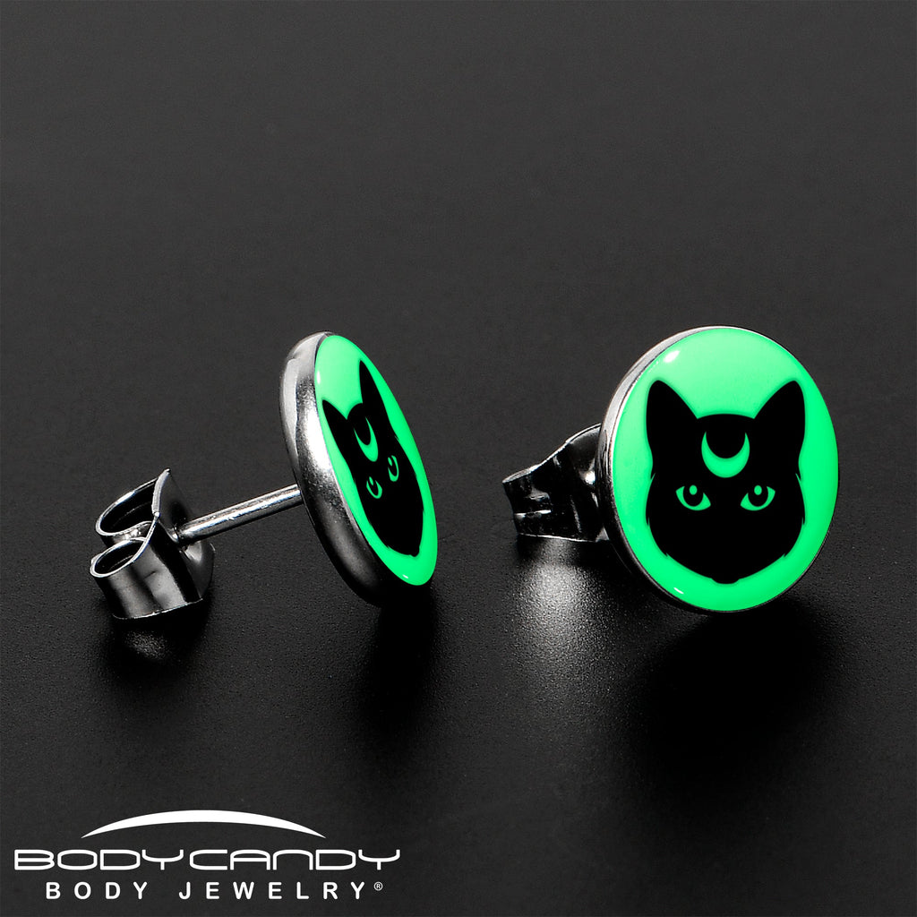 Mystic Kitty Cat Glow in the Dark Stud Earrings by Onyx O