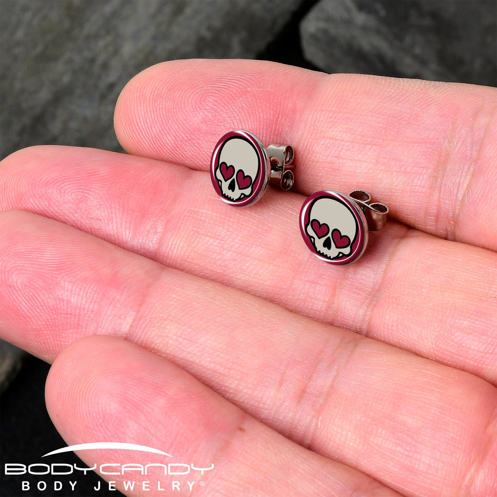 Valentine Heart Skull Stud Earrings