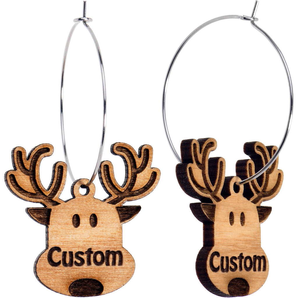 Custom Natural Wood Holiday Reindeer Personalized Hoop Earrings