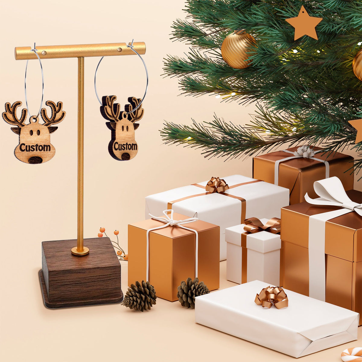 Custom Natural Wood Holiday Reindeer Personalized Hoop Earrings