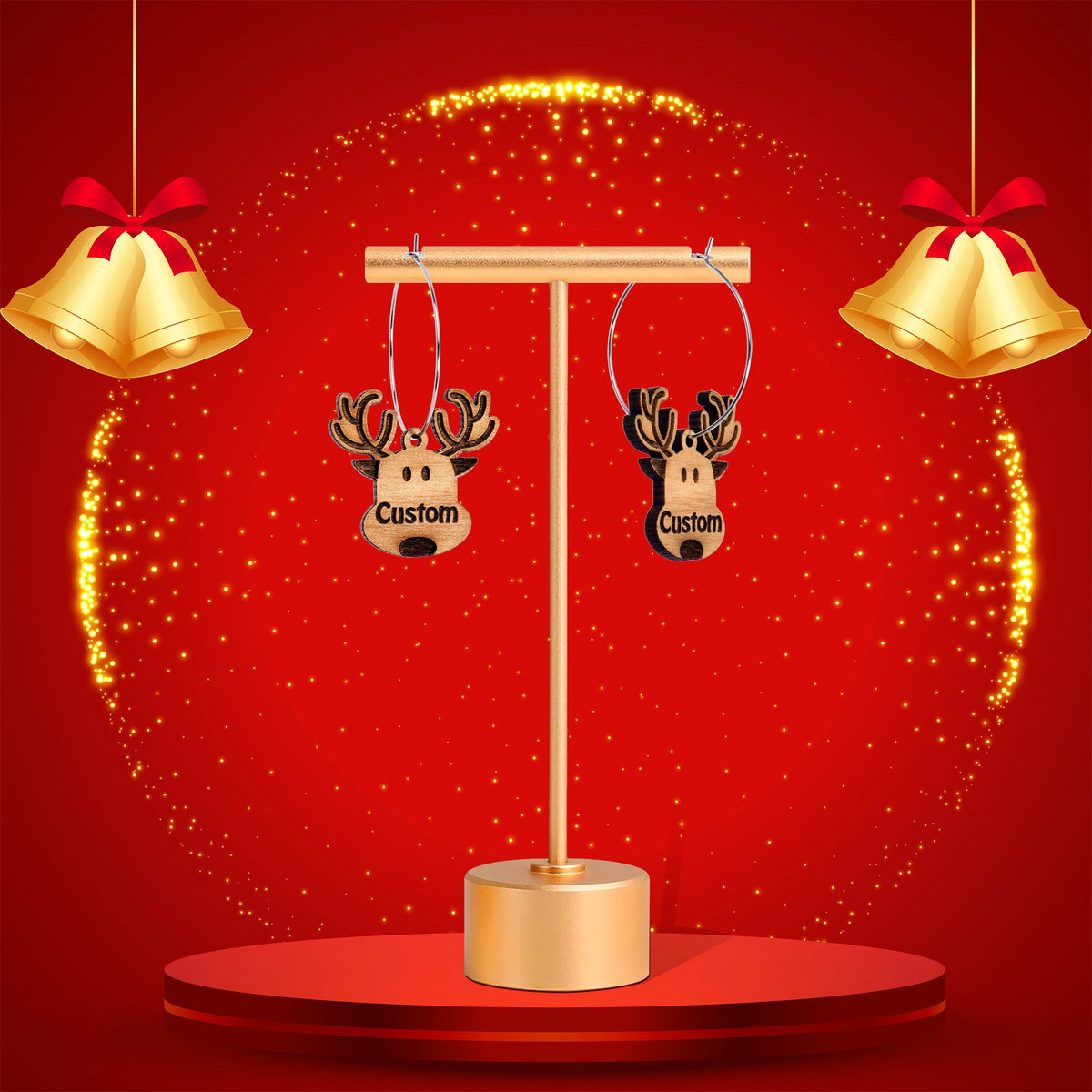 Custom Natural Wood Holiday Reindeer Personalized Hoop Earrings