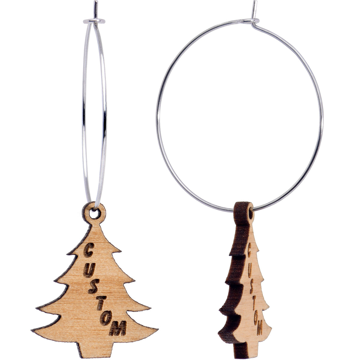 Custom Natural Wood Christmas Tree Personalized Hoop Earrings