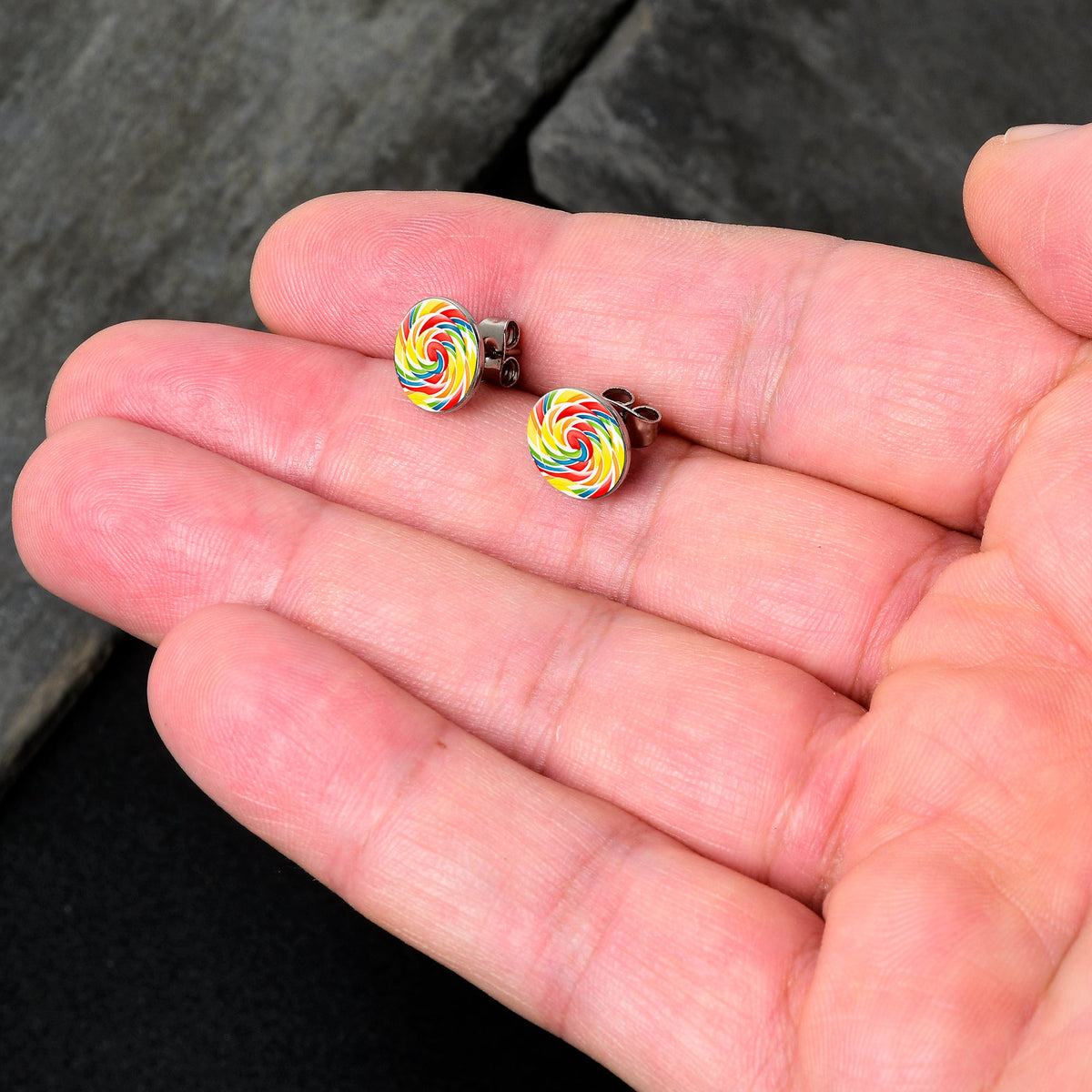 Rainbow Swirl Lollipop Stud Earrings by Onyx O