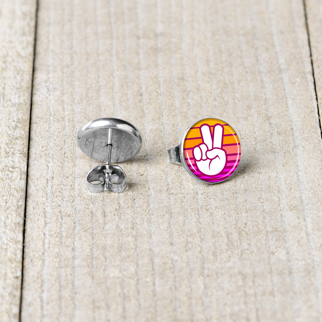 Retro Stripes Peace Sign Fingers Stud Earrings by Onyx O