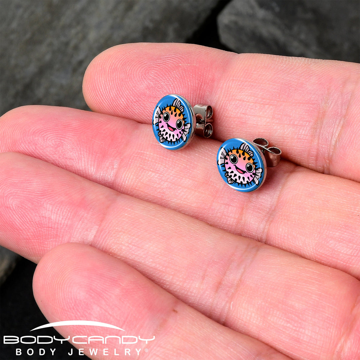 Swimming Pink Pufferfish Stud Earrings by Onyx O