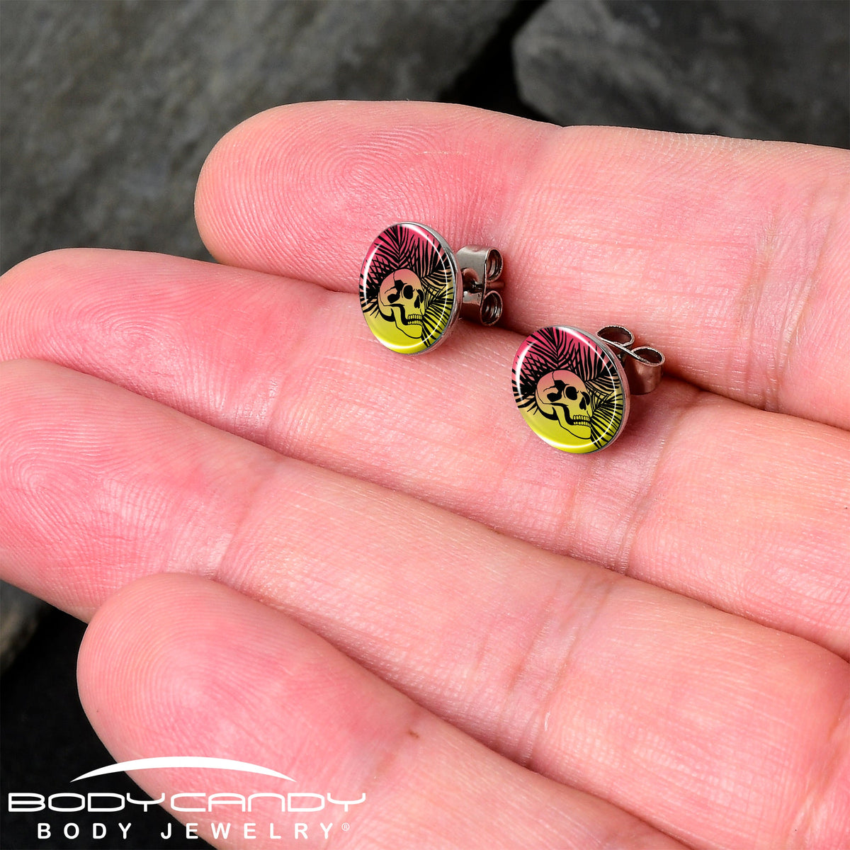 Red Haze Sunset Skull and Palms Stud Earrings by Onyx O