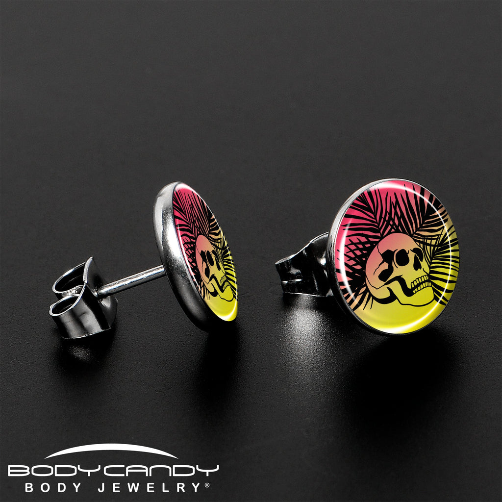 Red Haze Sunset Skull and Palms Stud Earrings by Onyx O