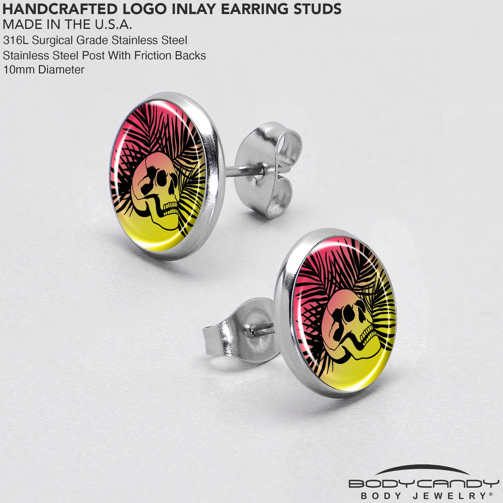 Red Haze Sunset Skull and Palms Stud Earrings by Onyx O