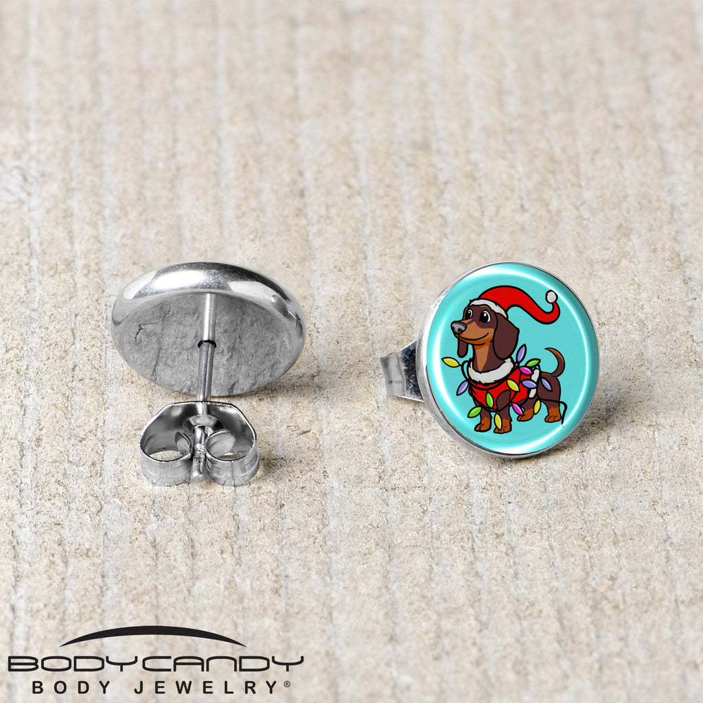 Christmas Holiday Weiner Dog Stud Earrings by Onyx O