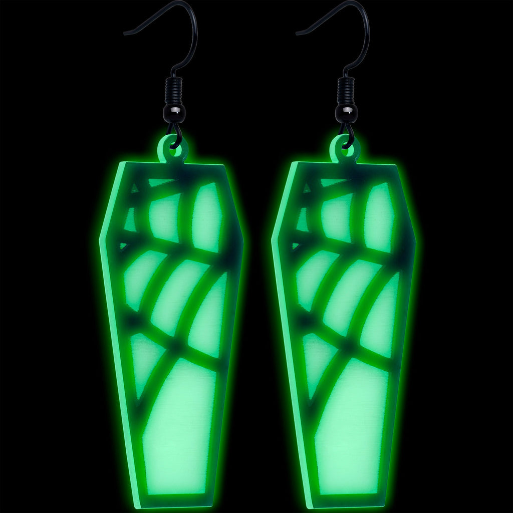 Black Spider Web Coffin Glow in the Dark Dangle Earrings by Onyx O