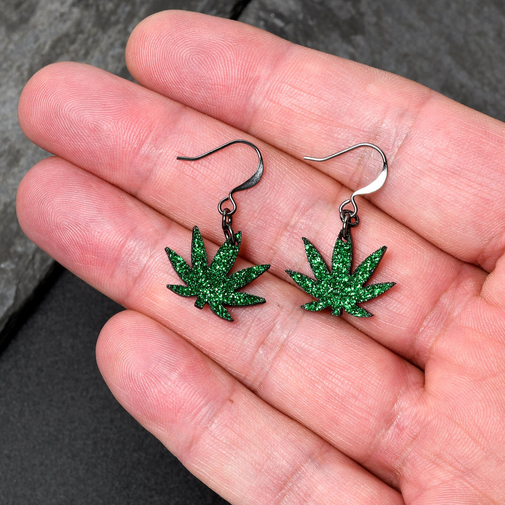 Green Glitter Marijuana Pot Leaf Dangle Earrings