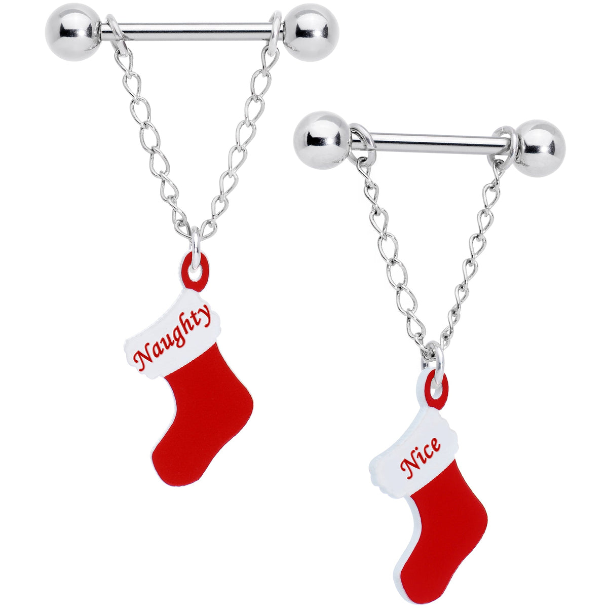 Handmade 14G 5/8 Naughty Nice Christmas Stocking Nipple Ring Set
