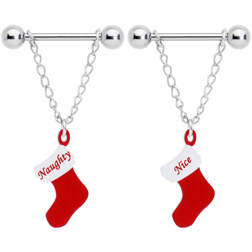 Handmade 14G 5/8 Naughty Nice Christmas Stocking Nipple Ring Set