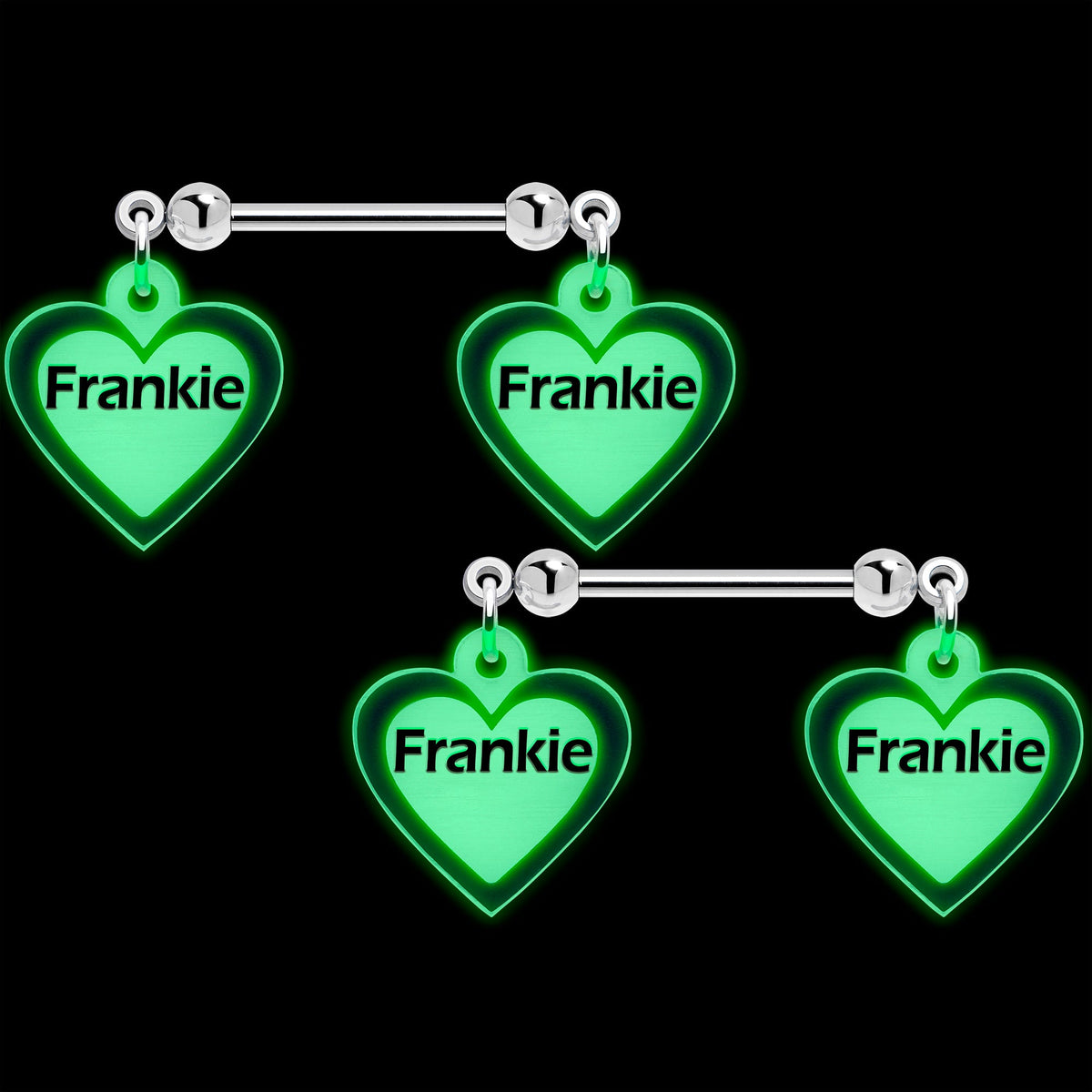 Custom Heart Glow in the Dark Double Personalized Name Dangle Nipple Ring Set