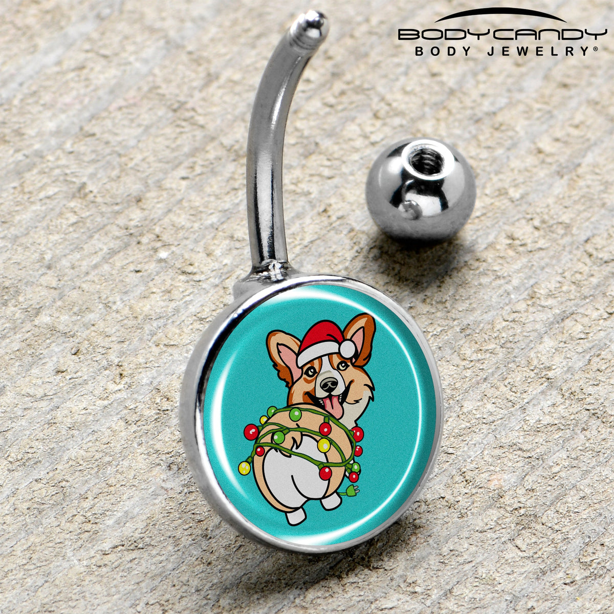 Christmas Holiday Lights Corgi Dog Belly Ring by Onyx O